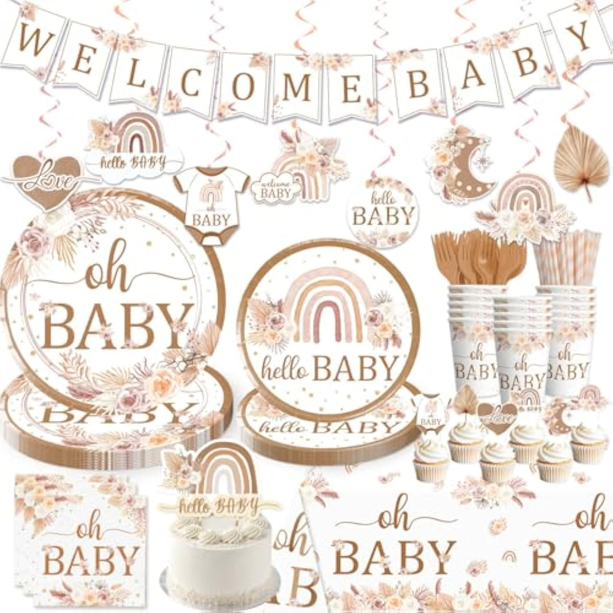 138PCS Boho Baby Shower Tableware Set – Plates, Napkins, Banner for 20 Guests