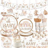 138PCS Boho Baby Shower Tableware Set – Plates, Napkins, Banner for 20 Guests