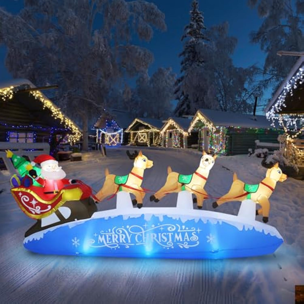 Zpisf 10 Ft Santa Sleigh With Reindeer Christmas Inflatables Outdoor Decorations, Christmas Blow Up Yard Decorations