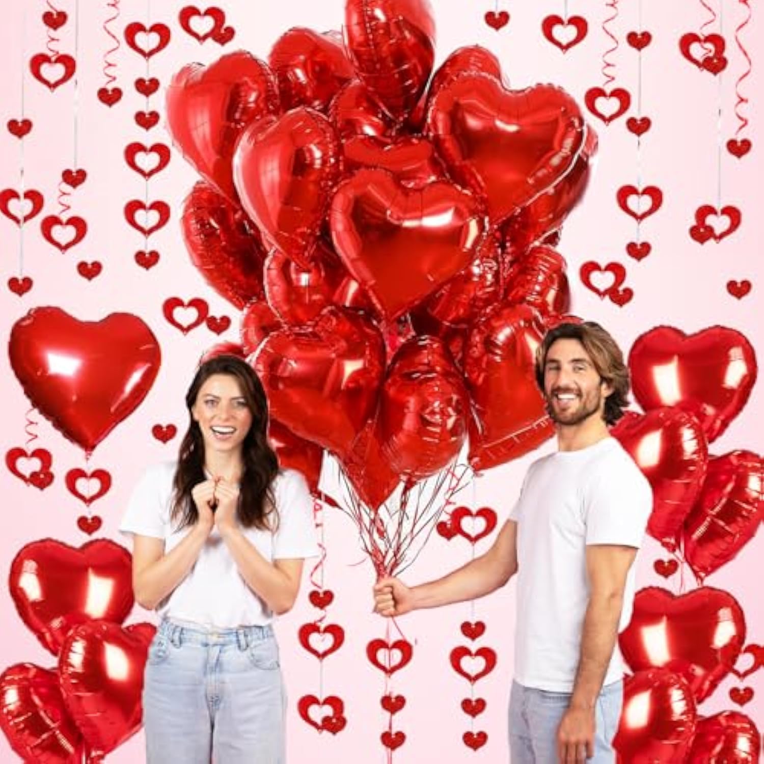 Red Heart Balloons, 24Pcs 18Inch Red Foil Heart Shaped Love Balloons And 50Pcs Heart Hanging Streamer For Valentines Day Decorations, Birthday, Proposal, Wedding Party