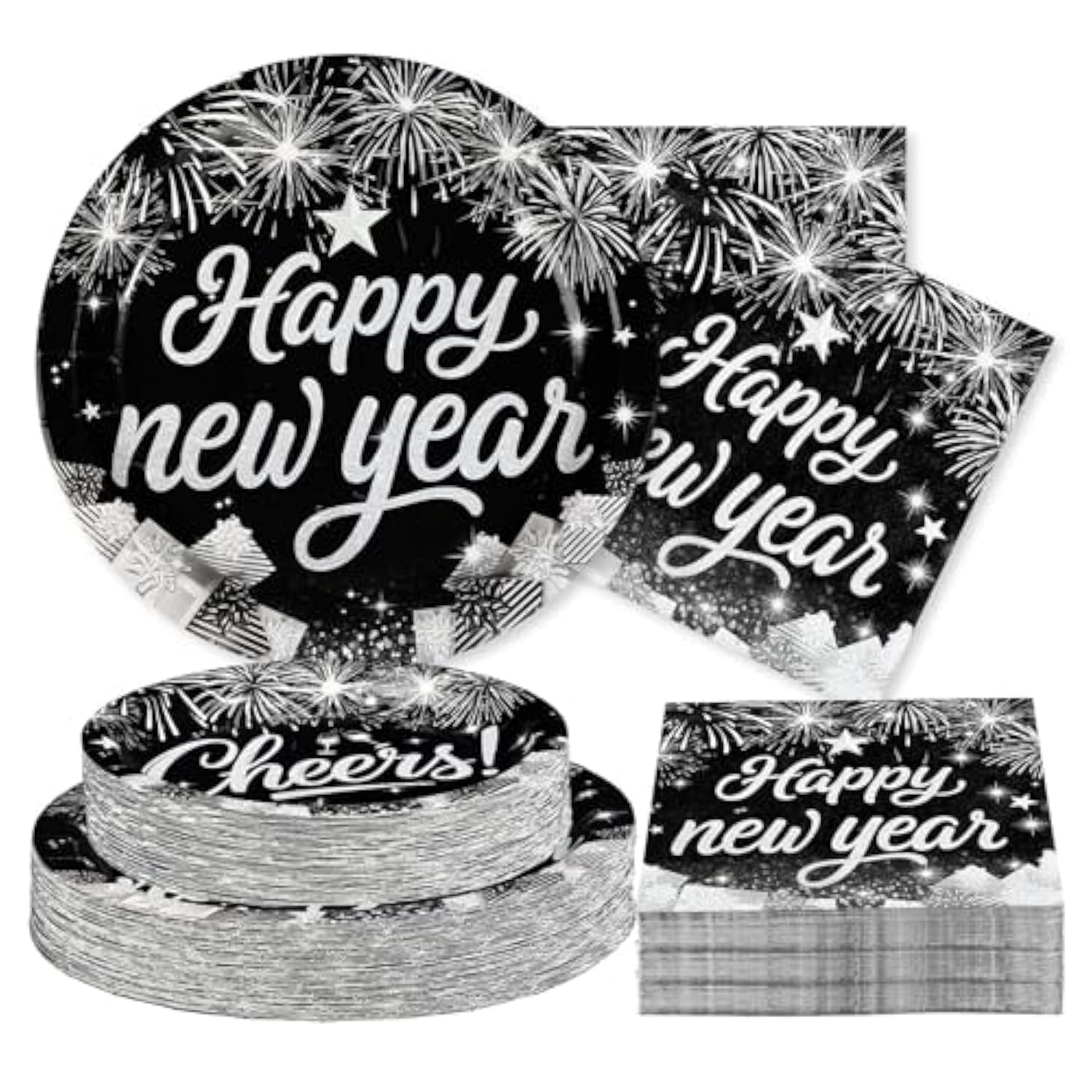 200Pcs Happy New Year Party Decorations Black And Silver Plates And Napkins Disposable Black Silver Glitter Tableware Sets For New Years Eve 2026 Holiday Festive Party Supplies Serves 50