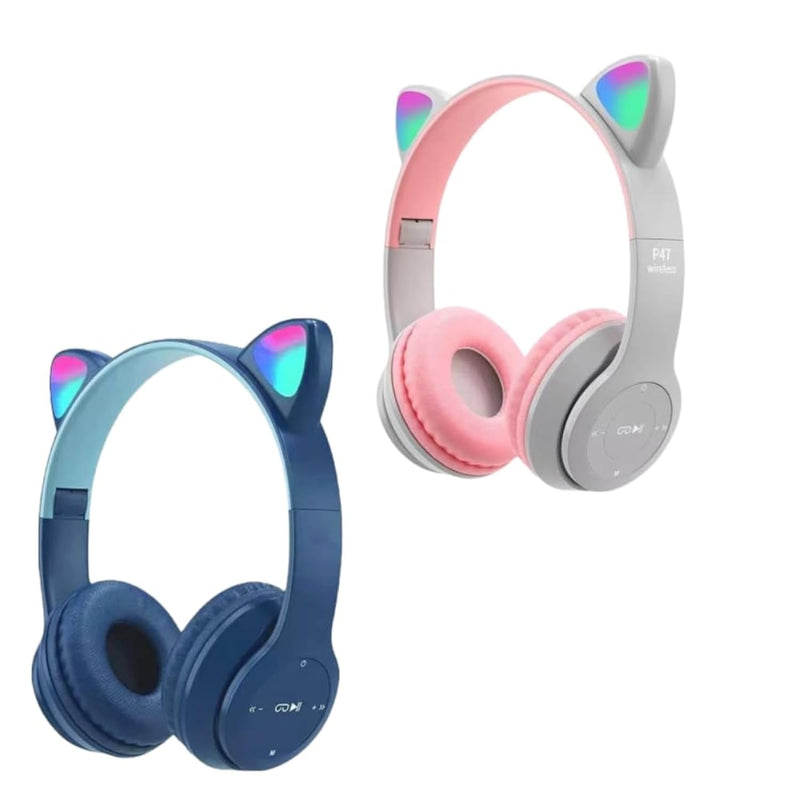 2In1 Cute Cat Ear Wireless/Wired, Foldable Headphones Over Ear W Led Light Up