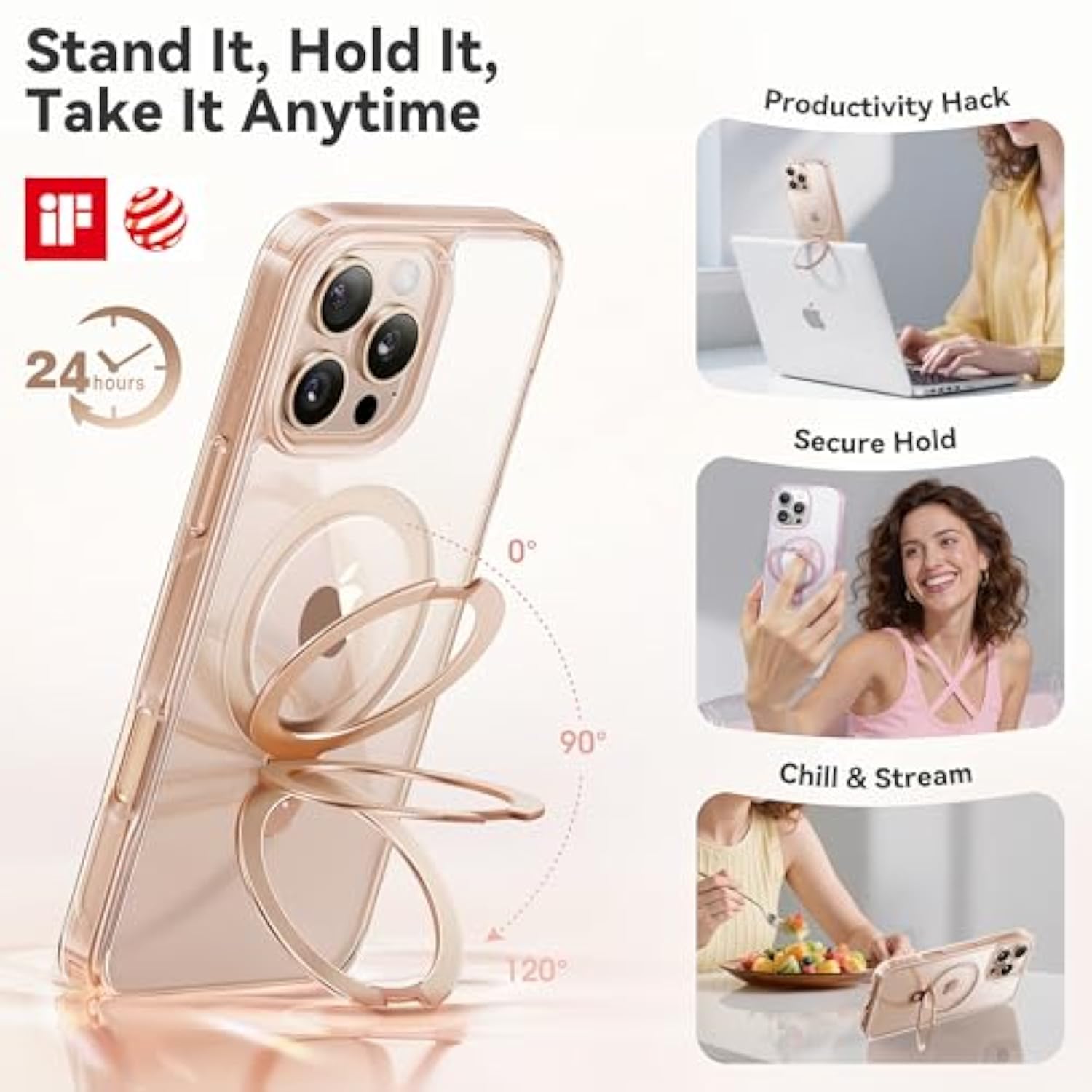 Jellypop Case For Iphone 16 Pro Max Case With Stand, Desert Titanium, Fit For Magsafe, 16Ft Military Grade Protection, Kickstand For Viewing & Work, Clear Back, Champagne Gold