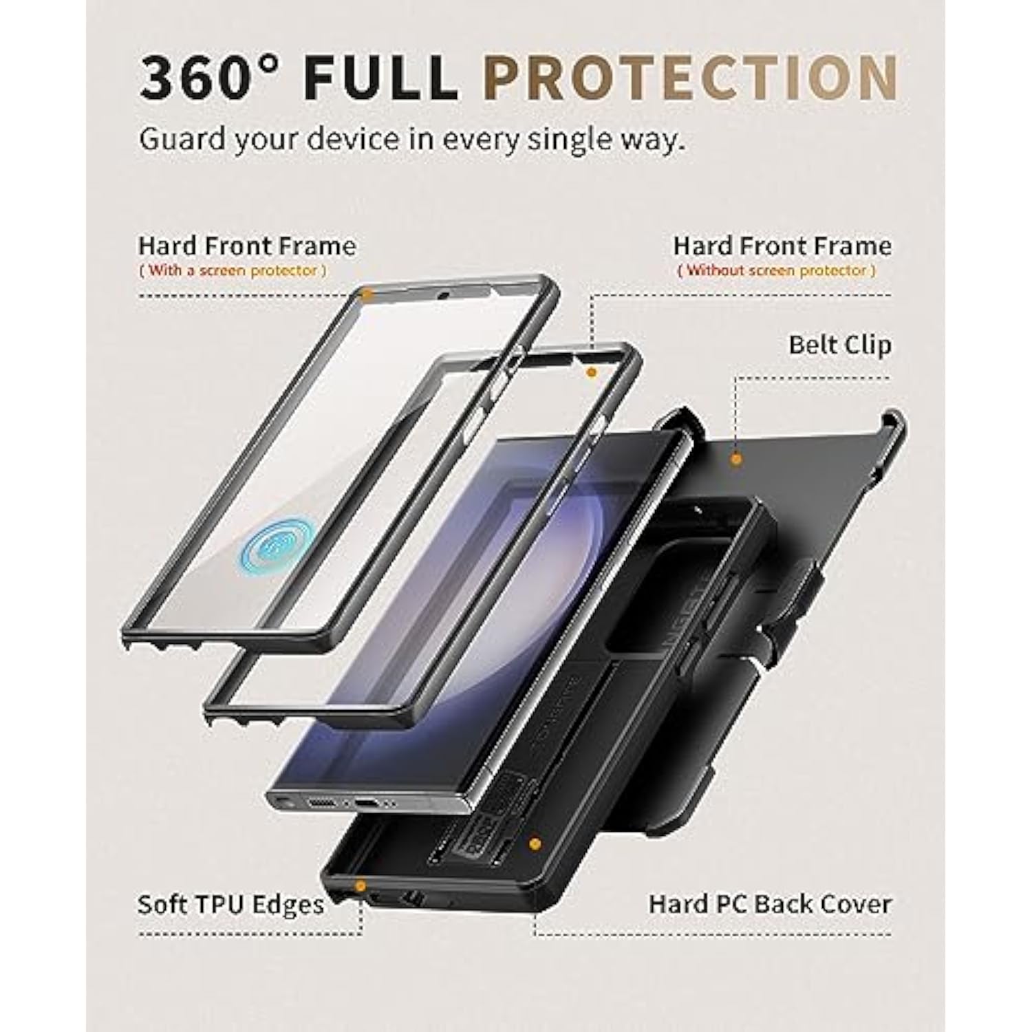 For Samsung Galaxy S23 Ultra Case, [Built-In Slide Camera Cover & Screen Protector] [2 Front Frame] Military Grade Shockproof S23 Ultra Phone Case With Kickstand & Belt-Clip 6.8", Black