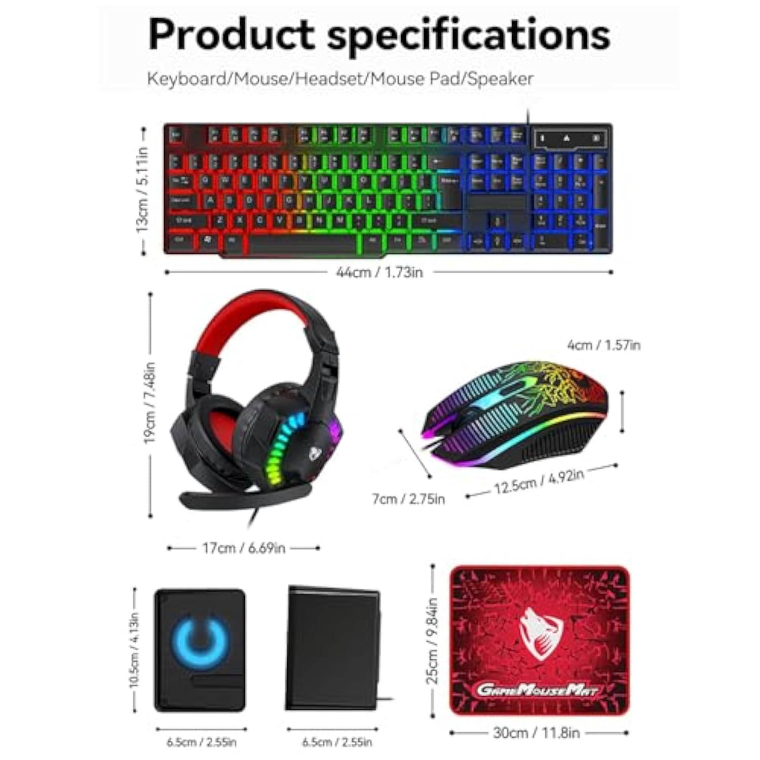Gaming Keyboard And Mouse Set And Mouse Pad,Headset,Speaker, 5 In 1 Bundle Wired Led Rainbow Backlight For Laptop, Pc Gamers, Xbox, Ps4 And Work- Black