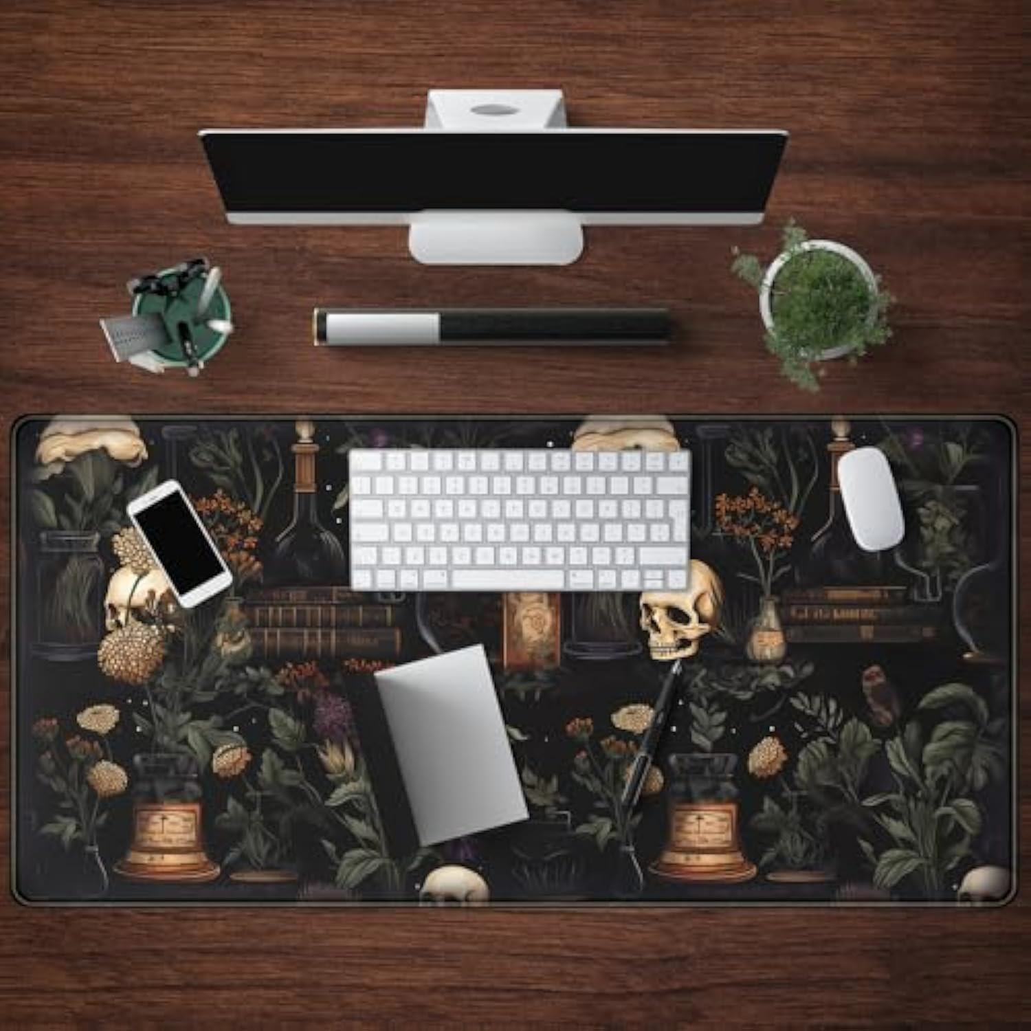Vintage Aesthetic Xl Extended Large Gaming Mouse Pad - Black Academia Mystical Green Plant Design - Computer Laptop Keyboard And Mouse Mat Desktop Protector - 31.5 X 15.8 In