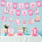 Pink baby shower décor with welcome baby banner and sign for girls