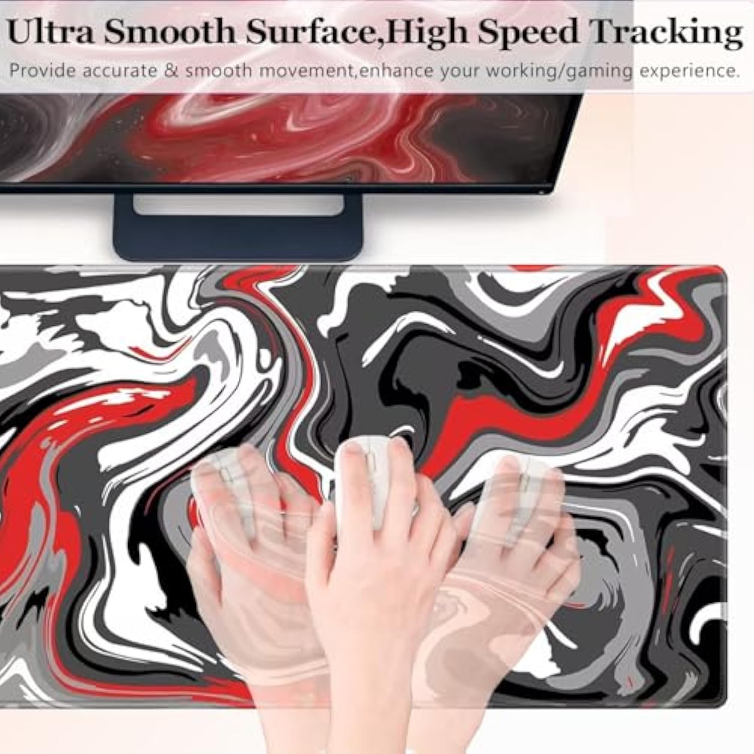 Gaming Mouse Pad Xxl Extended Fluid Pattern Mouse Pad 31.5X15.7Inch, Large Abstract Big Computer Mouse Mat Desk Pad With Non-Slip Rubber Base And Stitched Edge For Home Office-Red Fluid