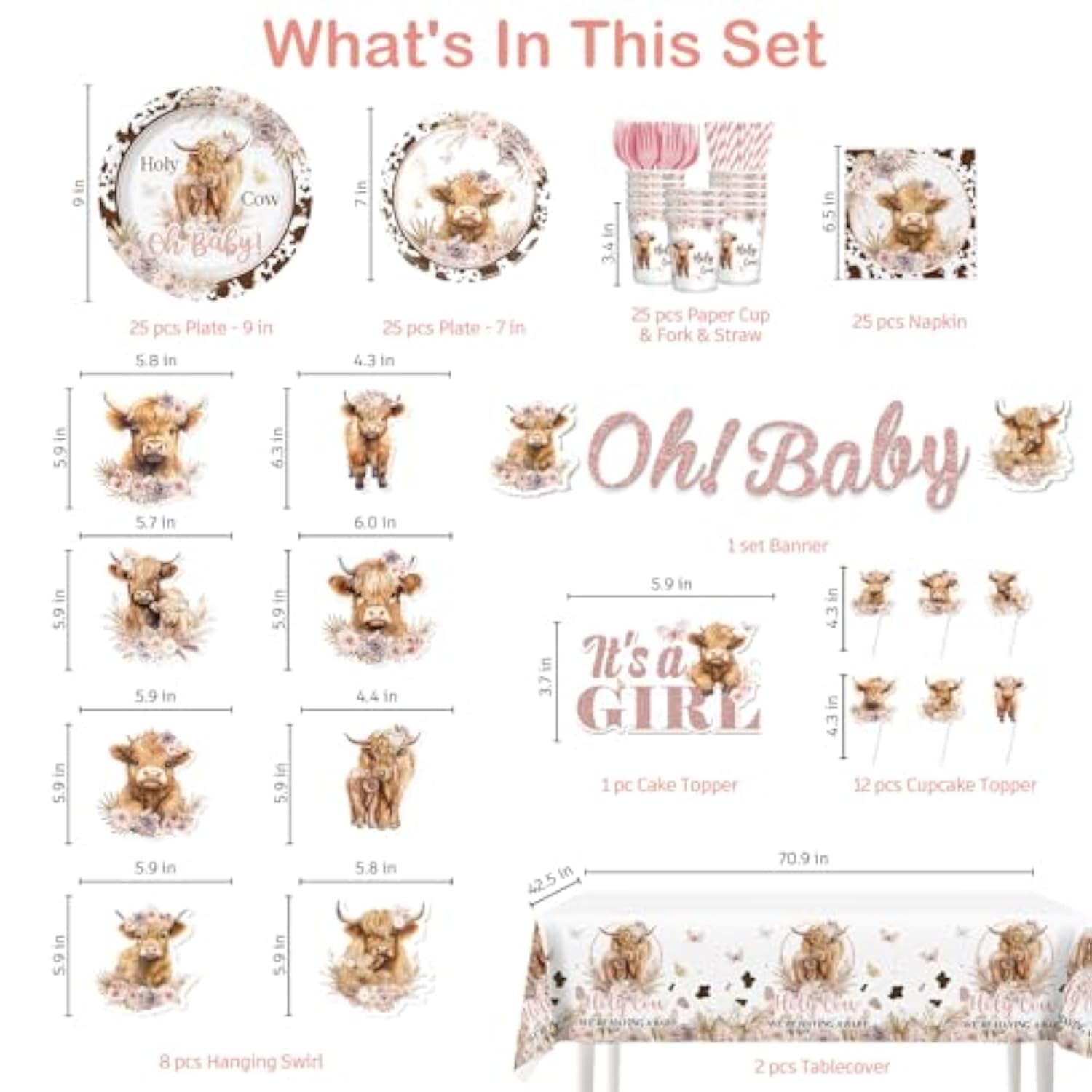174Pcs Highland Cow Baby Shower Decorations Tableware, Serves 25 Guests, Cow Baby Shower Decorations Includes Banner Cake Topper Plates And Napkins Etc, For Girls Highland Cow Theme Party