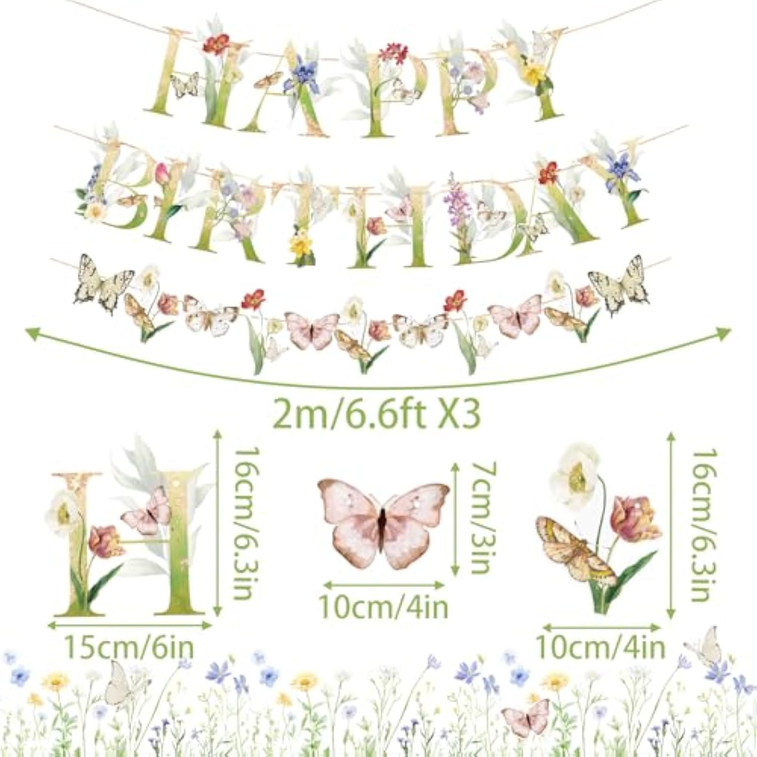 Wildflower Butterfly Happy Birthday Banner Garden Party Decoration Floral Birthday Decorations For Women Girl Spring Summer Birthday Baby Shower Supplies | Pre-Strung