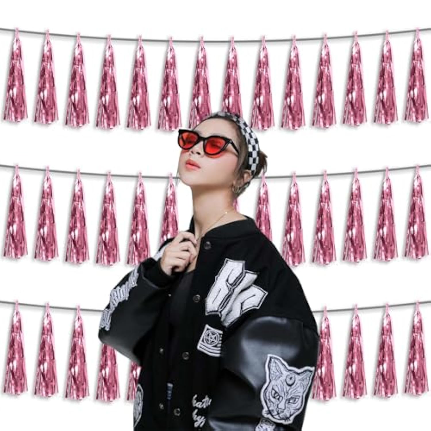 3P Metallic Fringe Tassel Banner Garland Foil Tinsel Streamer Wall Hanging Curtain Backdrop Banner For Parade Floats, Graduation Decorations, Wedding Party Decoration(Pink)