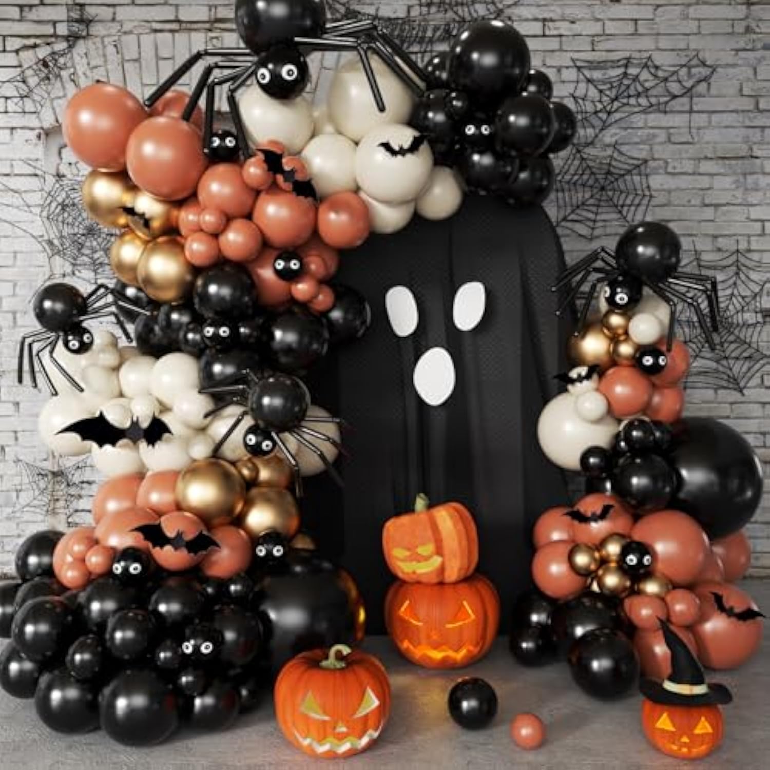 176Pcs Halloween Balloon Garland Arch Kit with Black Orange White Gold Spider Eyeball Bats