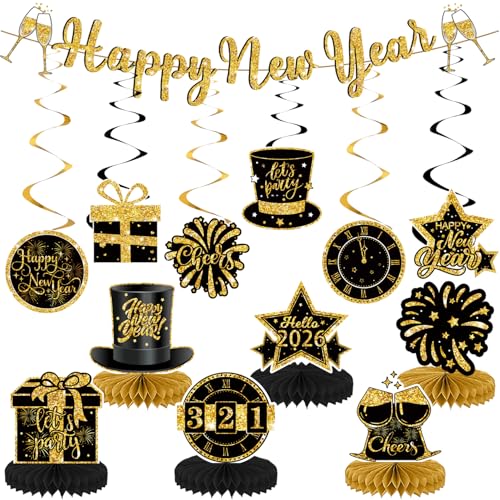 Happy New Year Decorations 2026 Kits, New Year Eve Party Supplies with Banner Hanging Swirl Streamers Table Centerpieces Table Toppers Decor for NYE Decorations