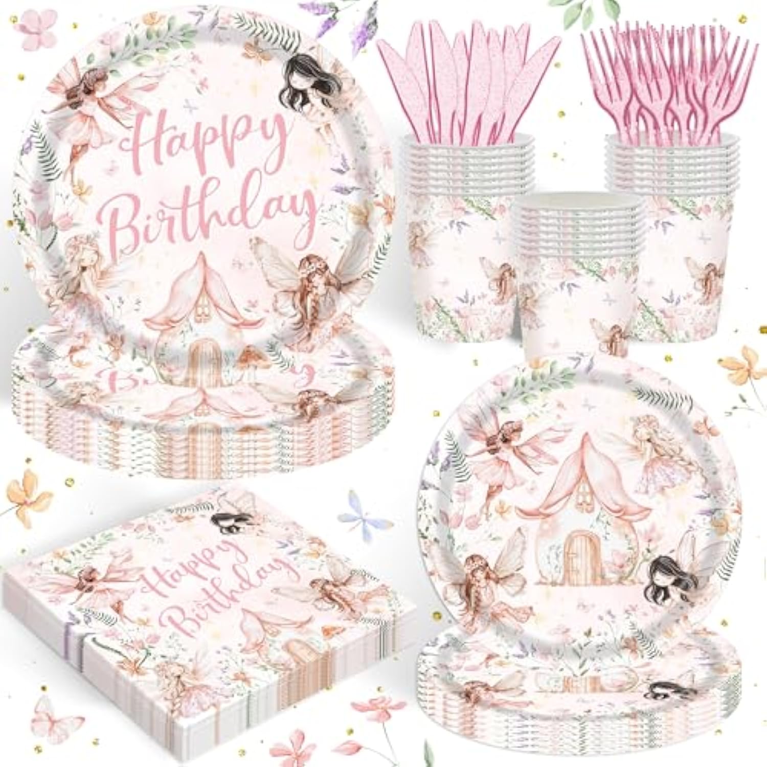 122Pcs Fairy Party Supplies For Girls Birthday Pink Fairies Enchanted Themed 1St 2Rd First Party Decor Garden Flowers Tableware Set Plates Napkins Cups Banner Tablecloth Forks Knives For 20 Guests