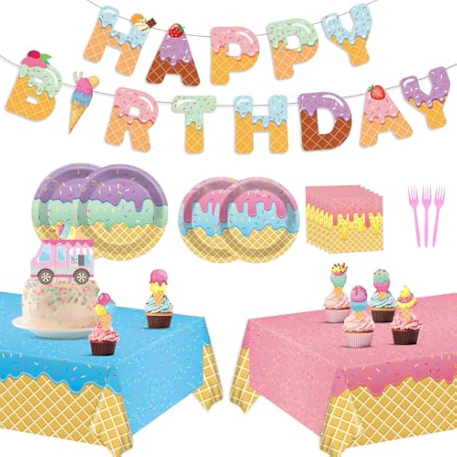 132Pcs Ice Cream Party Decorations Set Ice Cream Party Supplies Tableware Kit Paper Plates, Napkins, Tablecloth,Banner For Kids Girls For Party , Birthday, Baby Shower Serve 25