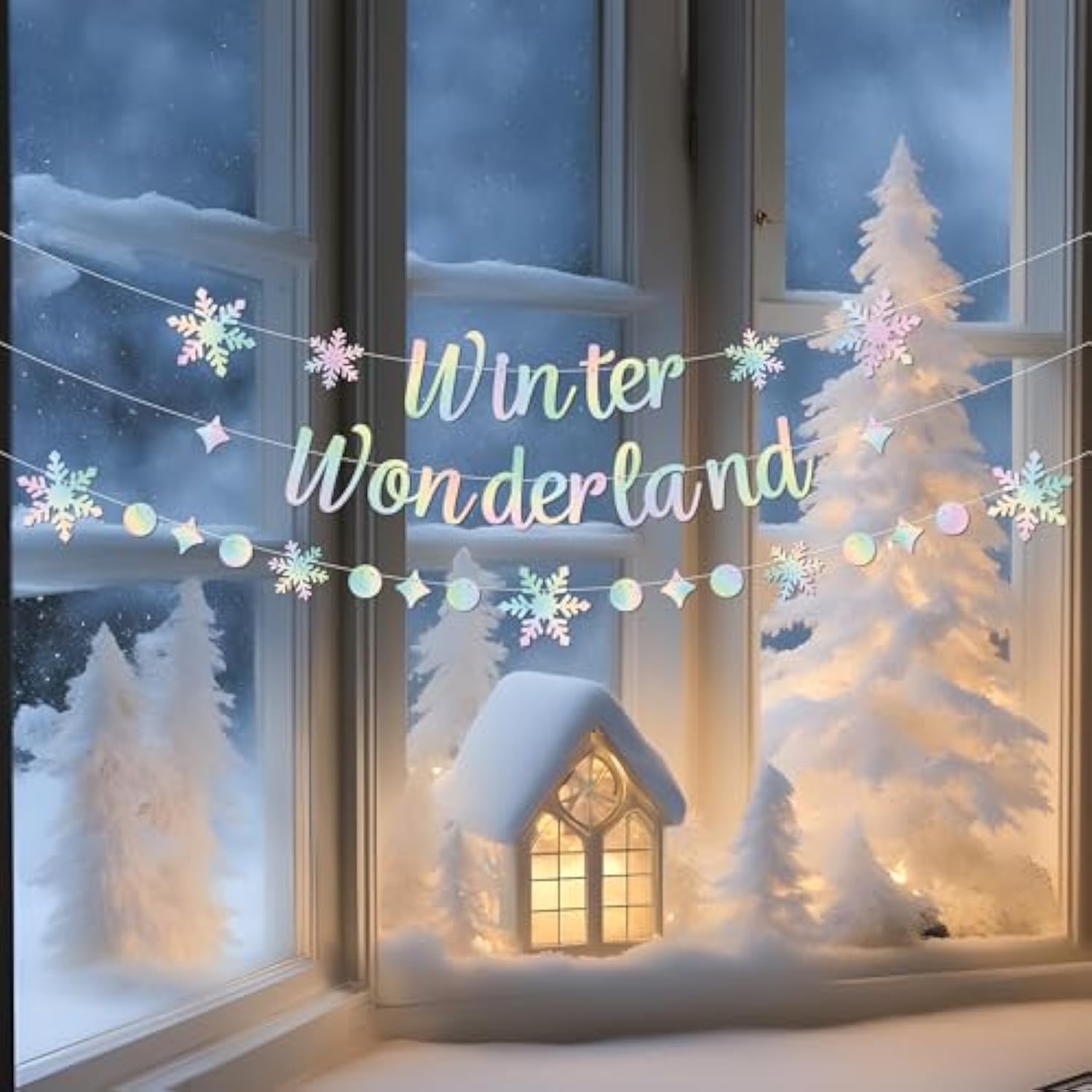 Holographic Winter Wonderland Banner, Iridescent Snowflake Garland Banner For Christmas Decoration