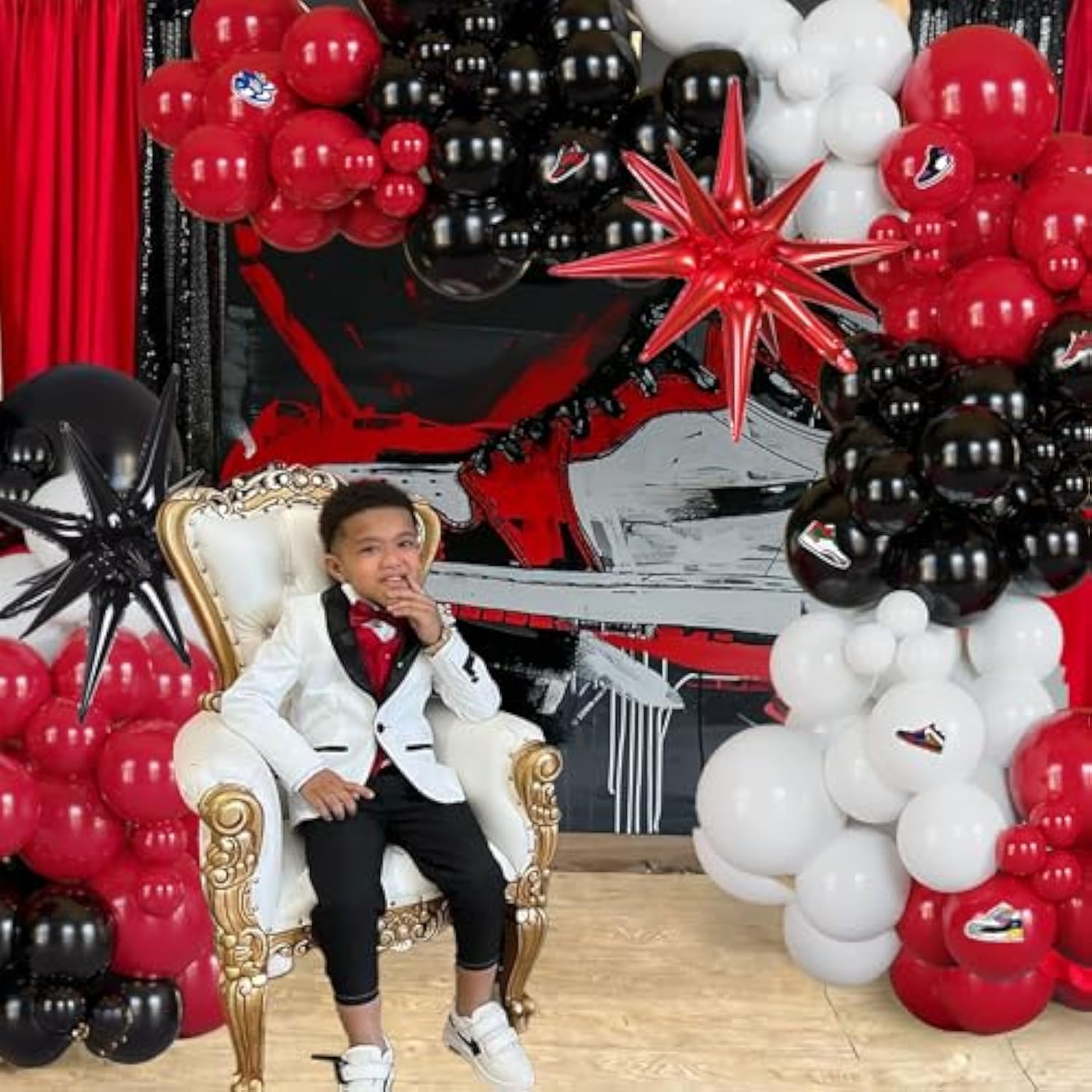 "128-Pc Red & Black Balloon Garland with Sneaker Stickers for Ladybug & Sports Parties"