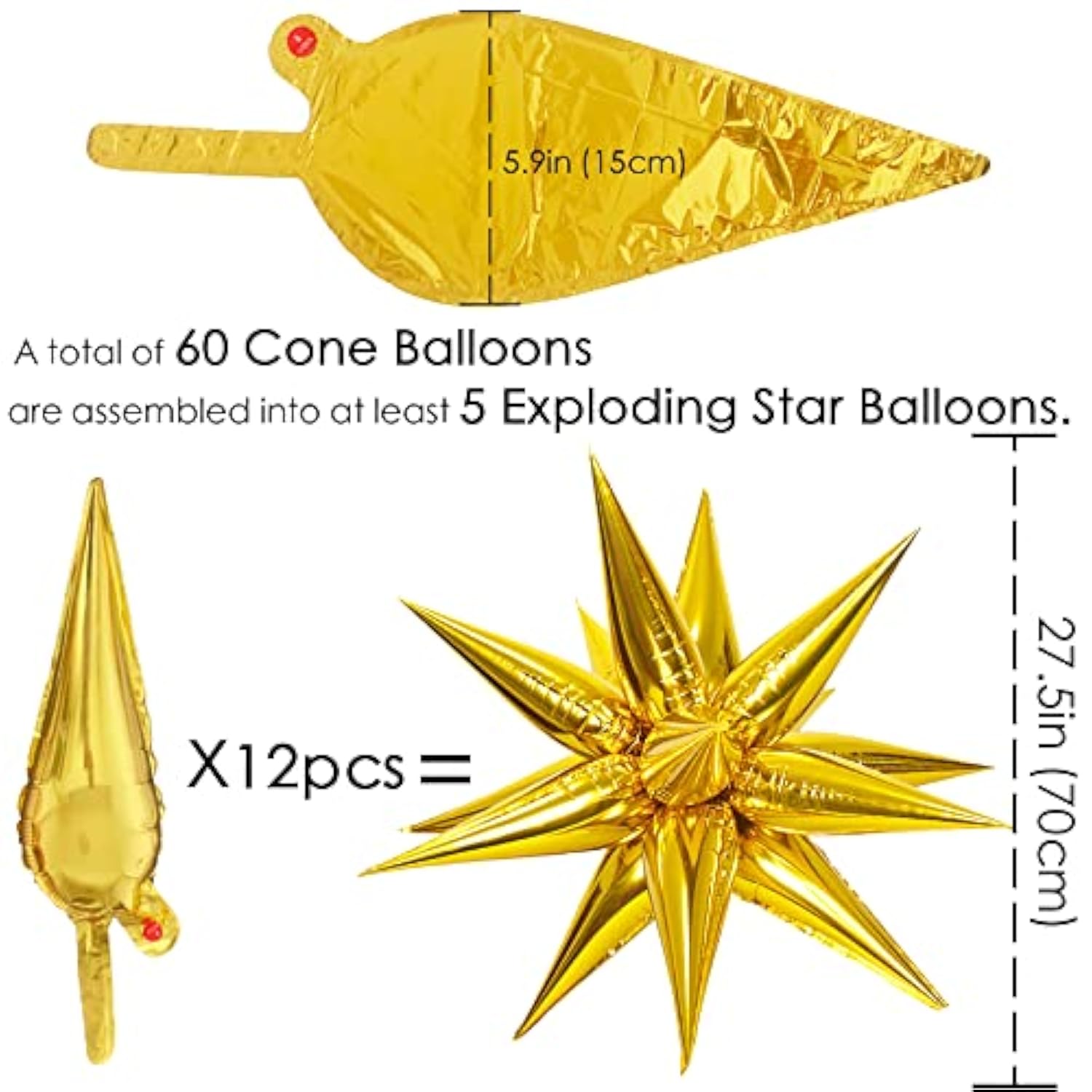 60 Pcs Star Balloons 12 Spike Foil Explosion Party Decoration Balloons For Christmas New Year Eve Graduation Birthday (Gold)