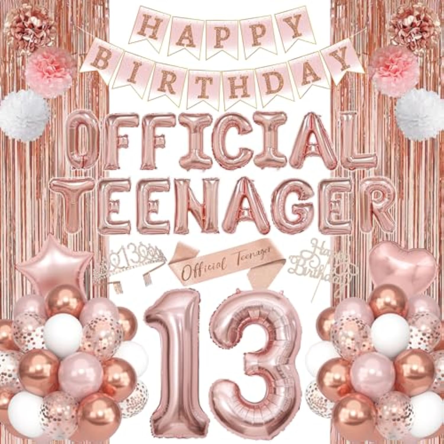 13th Birthday Party Decorations for Girls Rose Gold Balloons Banner Cake Topper