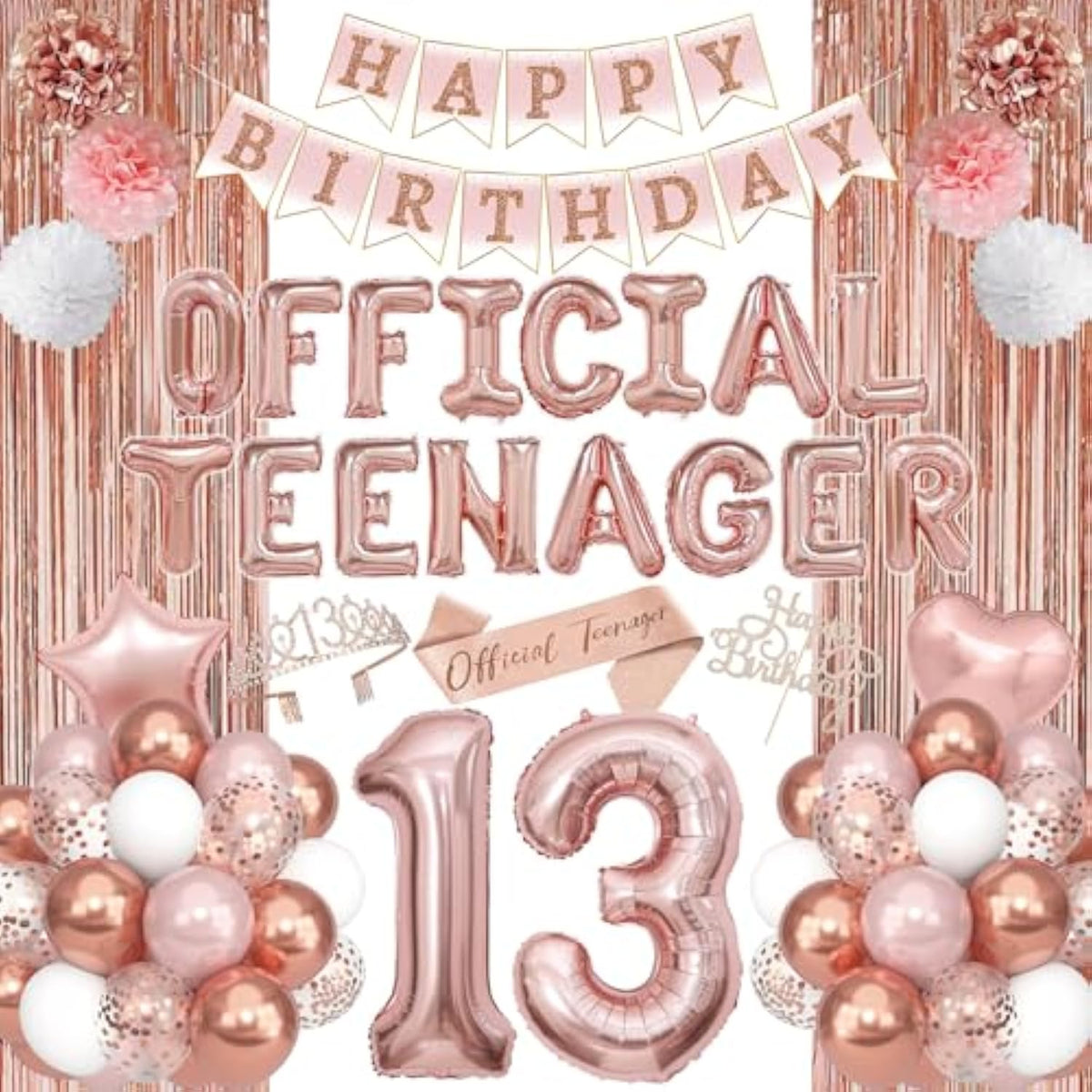 13th Birthday Party Decorations for Girls Rose Gold Balloons Banner Cake Topper