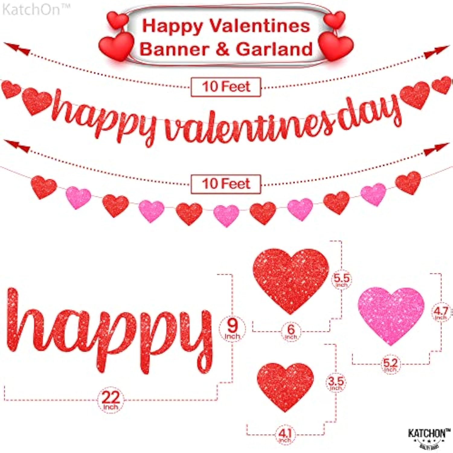 Glitter Happy Valentine'S Banner - 10 Feet, No Diy | Red Pink Heart Garland For Valentine'S Decorations | Classroom Decor