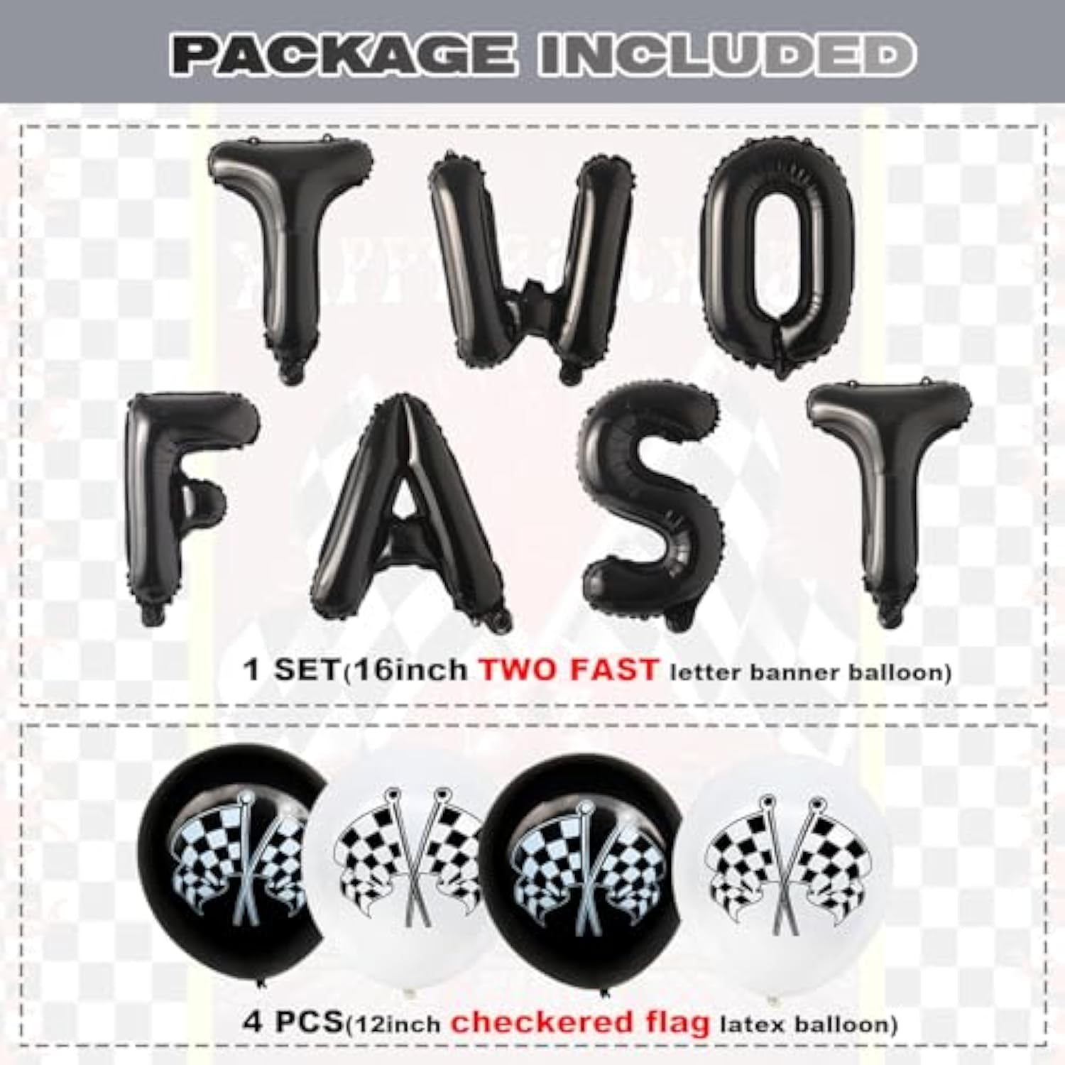 18pcs Race Car 2nd Birthday Balloons, "Two Fast" Banner & Racetrack Number 2