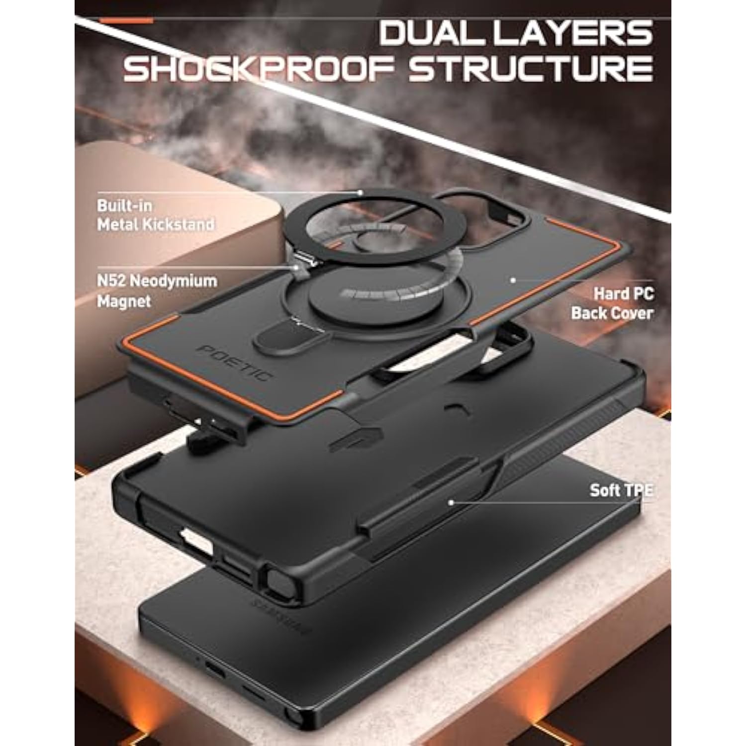 Neon Magpro Case For Samsung Galaxy S25 Ultra 5G, [Magnetic Ring Kickstand] Double Layer Rugged Slim Shockproof Protective Case, Black/Orange