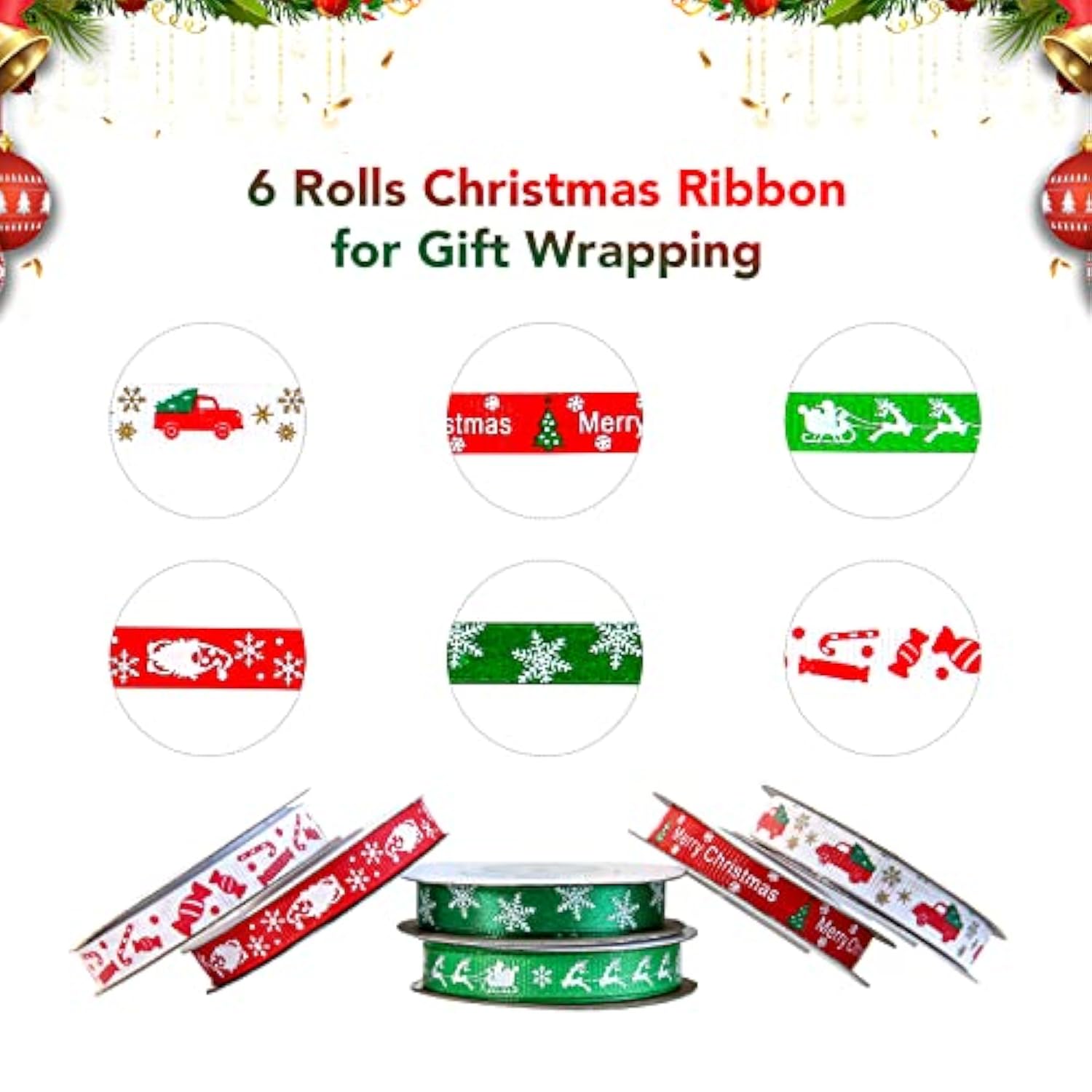 60 Yards 3/8" Christmas Ribbon For Crafts, White Red And Green Holiday