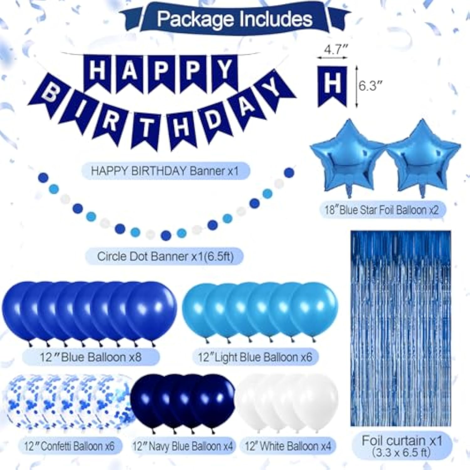 Blue Birthday Decorations – Banner, Balloons, Pom Poms & Foil Curtain for Boys