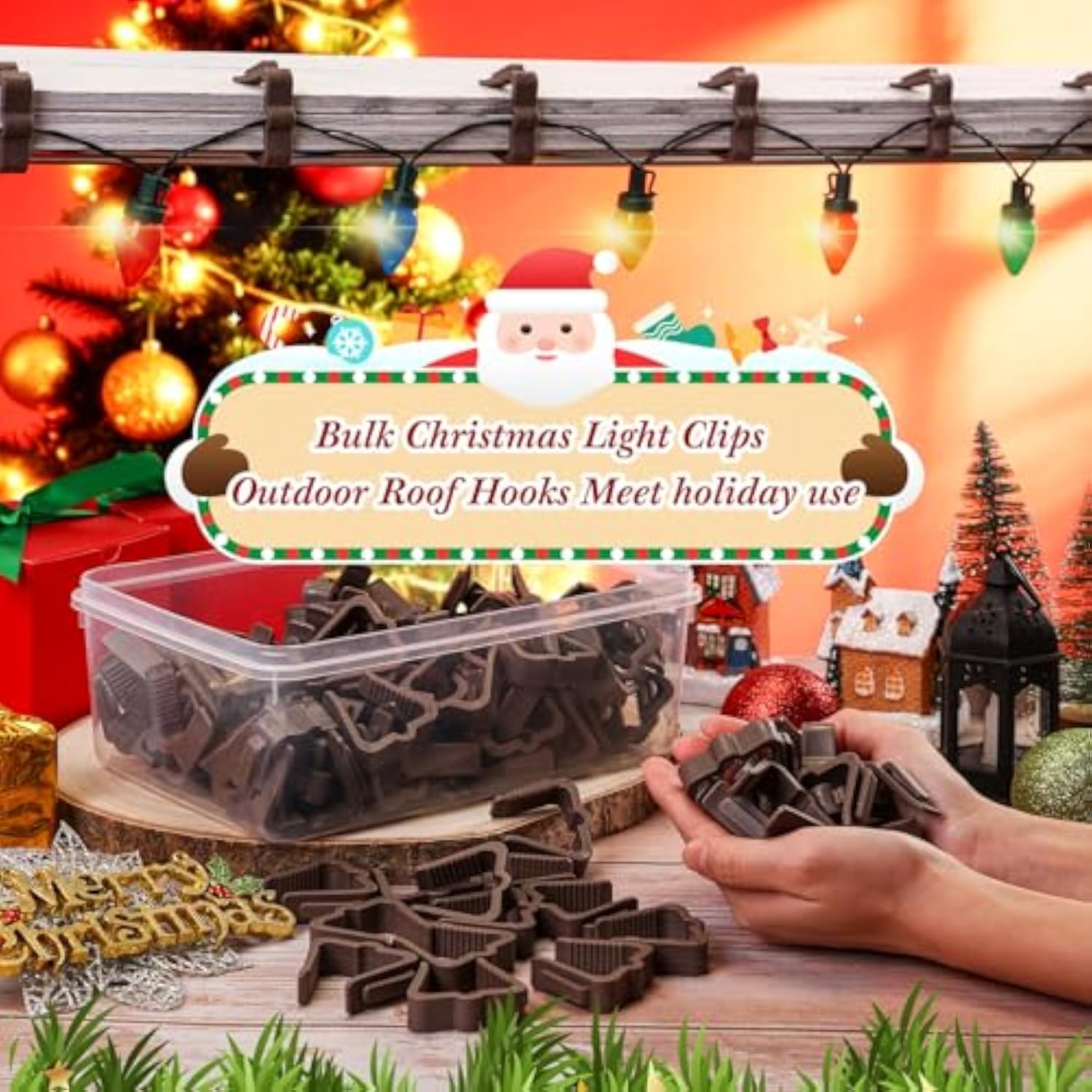 120 Pcs Christmas Light Clips With Clear Plastic Case Box Outdoor 1 5/8 Inch Gutter Fascia Boards Clips Hanger Plastic String Light Hooks For Outside Roof Gutter Fence Eave (Brown)