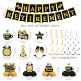 Retirement Party Decorations, Black Gold Happy Retirement Decorations Supplies - Banner Backdrop, Decorations Stickers, Retired Sash, Hanging Swirls, Foil Balloons, Honeycomb Centerpieces