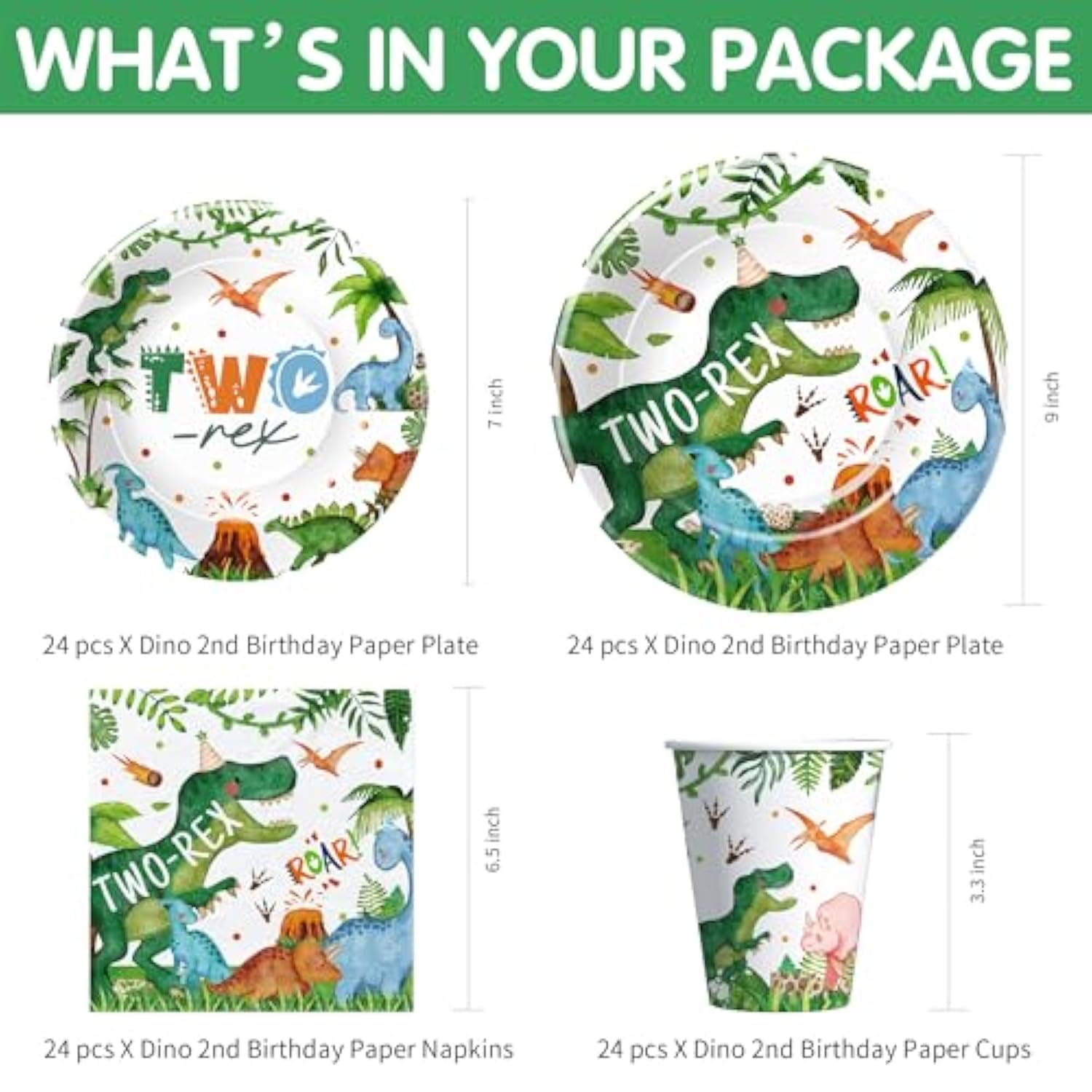 Dinosaur 2Nd Birthday Party Supplies For Boy, Dino Two Rex Birthday Decorations, Disposable Paper Plates, Cups, Napkins, Tablecloth, Cutlery, Swirls, Banner, Serves 24
