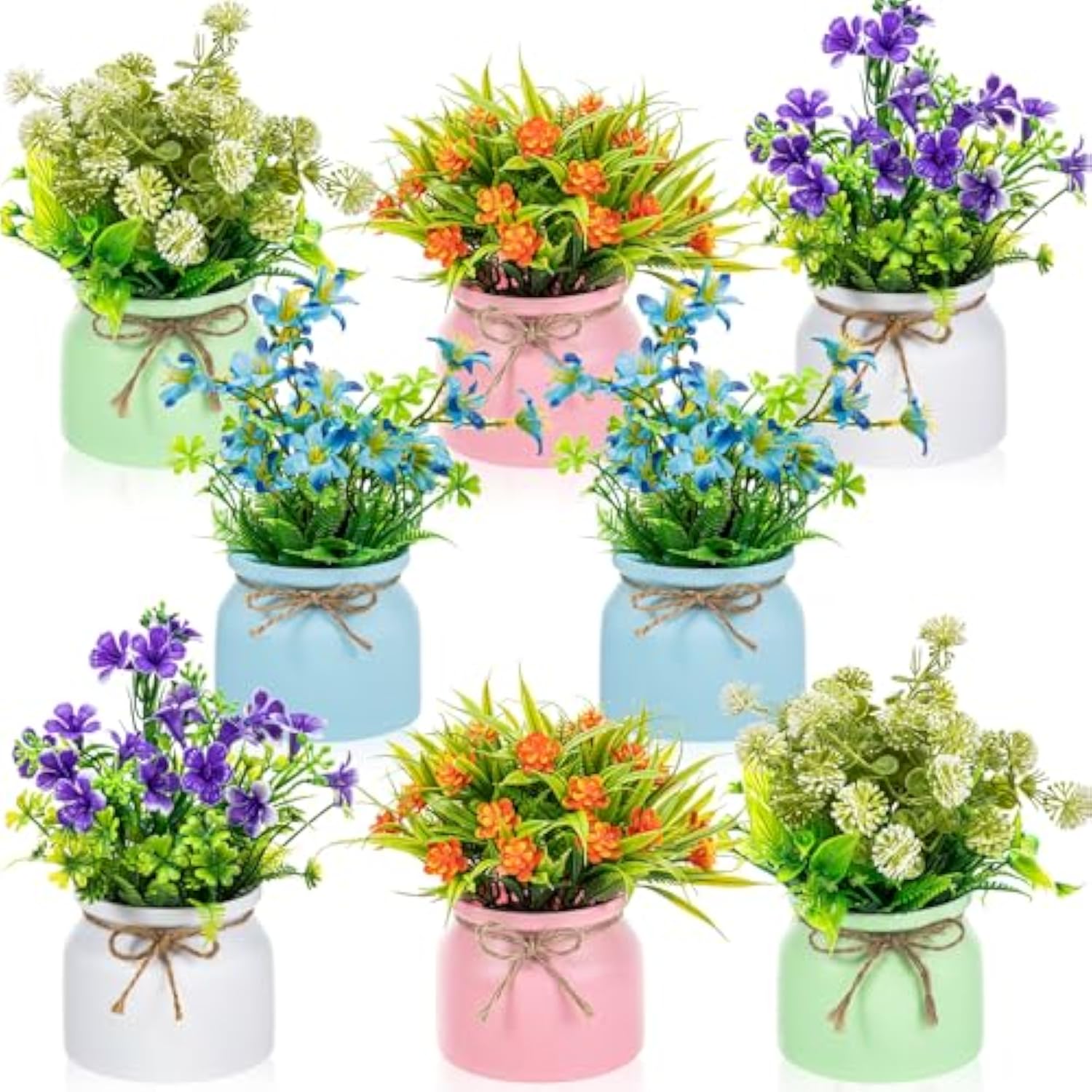 Large Spring Artificial Flowers Potted Centerpieces Desktop Fake Floral Plants In Macaron Pot Greenery For Office Table Home Indoor Bathroom Office Wedding Bridal Decor (8 Pcs,Vivid)