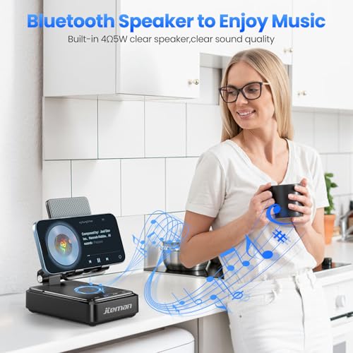 Cell Phone Stand with Bluetooth Speaker and Wireless Charger, Desktop Charging Station Stand Speaker for iPhone, Christmas Birthday Gift for Men