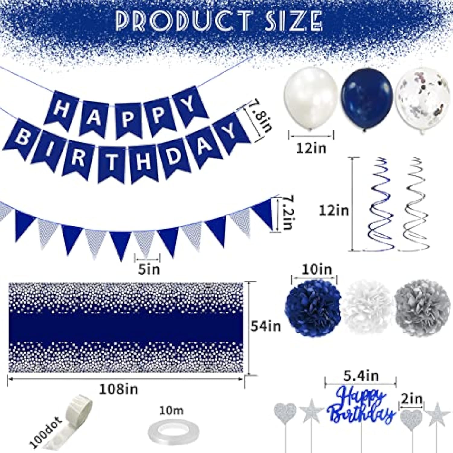 Navy Blue Silver Birthday Decorations For Men, Blue Birthday Party Sup