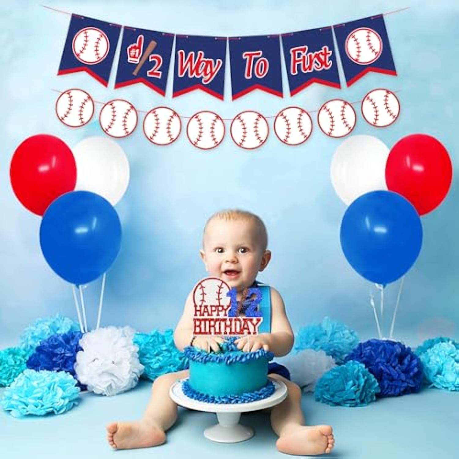 Baseball Half Birthday Party Decorations Kit Half Way To First Banner Happy 1/2 Birthday Cake Topper Balloons For Sports Theme 6 Months Baby Milestone Photo Props Baby Shower Supplies