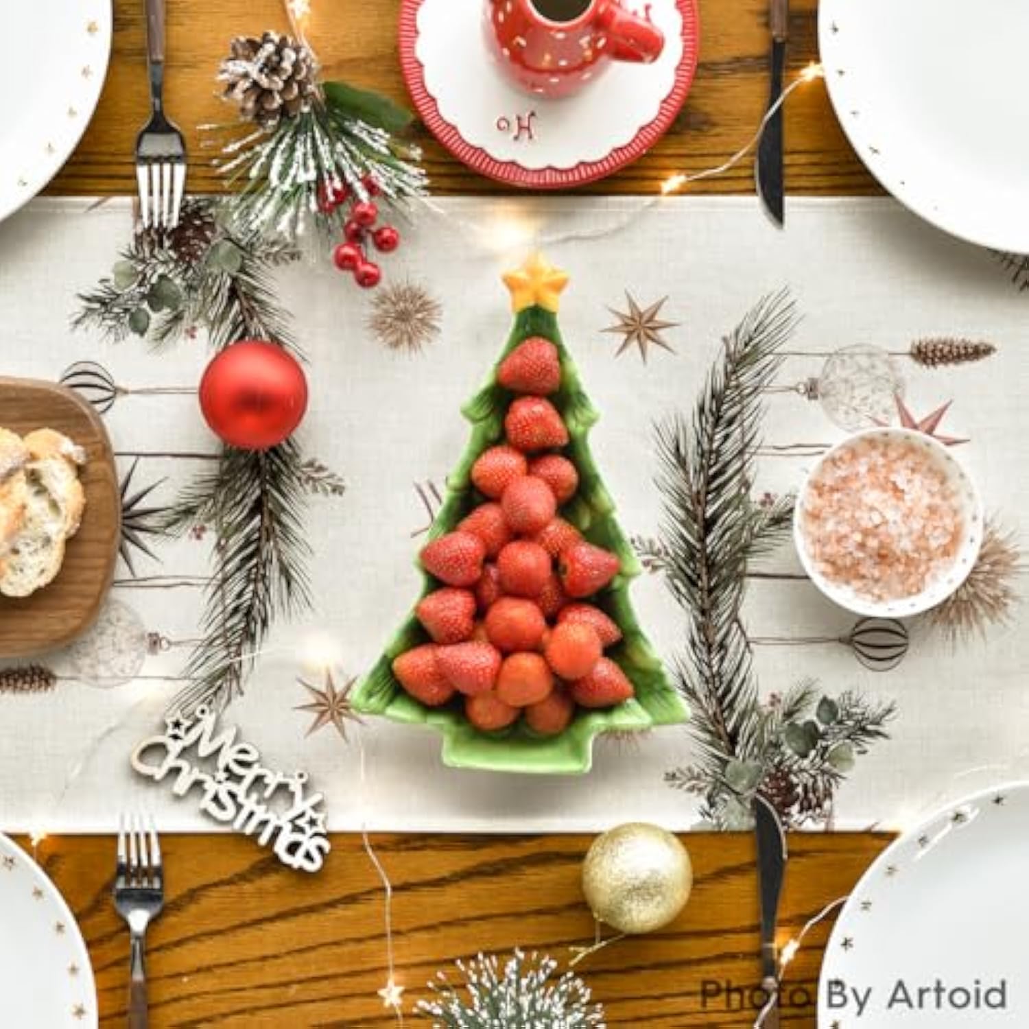 Xmas Trees Holly Pine Cone Merry Christmas Table Runner, Seasonal Winter Kitchen Dining Table Decoration For Home Party Decor 13X72 Inch