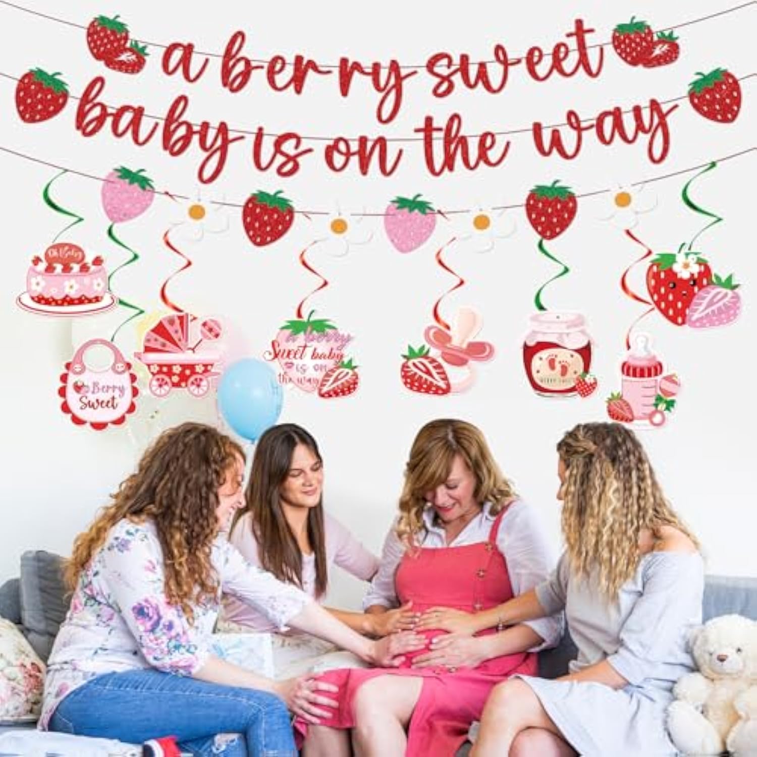 11pcs Strawberry Baby Shower Decor – Sweet Baby Banners & Hanging Swirls Set