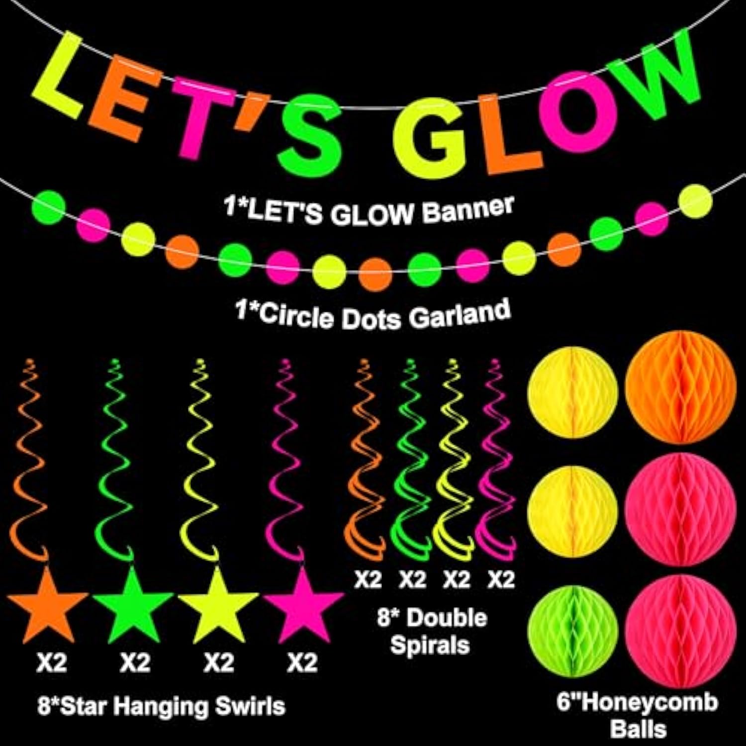 Neon Party Supplies Includes Let'S Glow Banner Star Hanging Swirls Circle Dot Garland Glow In The Dark Party Hanging Decorations For Birthday Black Light Party Decorations