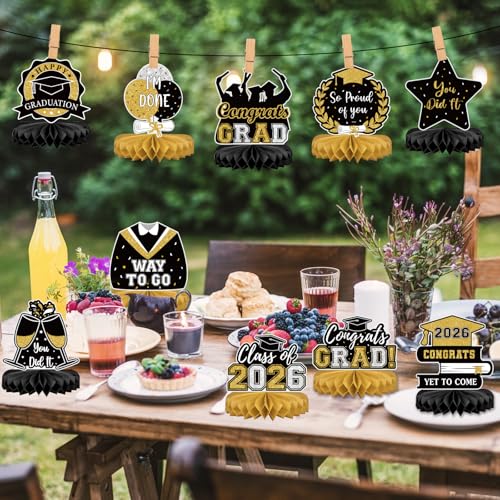 10Pcs Graduation Decorations 2026 Class of 2026 Congrats Grad Table Honeycomb Centerpieces Graduation Party Supplies for kindergarten K-12th College Any Grade Black