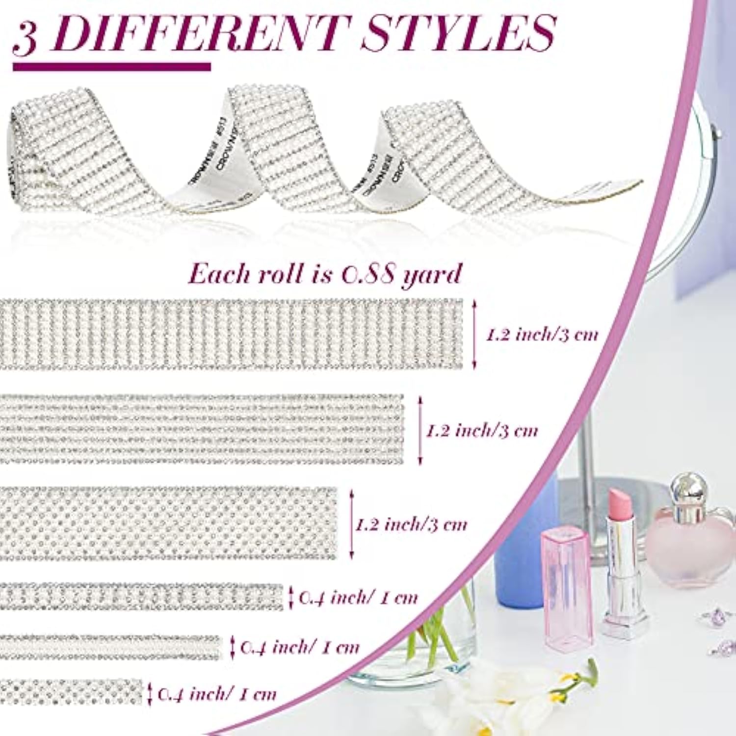 6 Rolls 5.28 Yards Pearl Diamond Ribbon Self Adhesive Rhinestone Ribbo