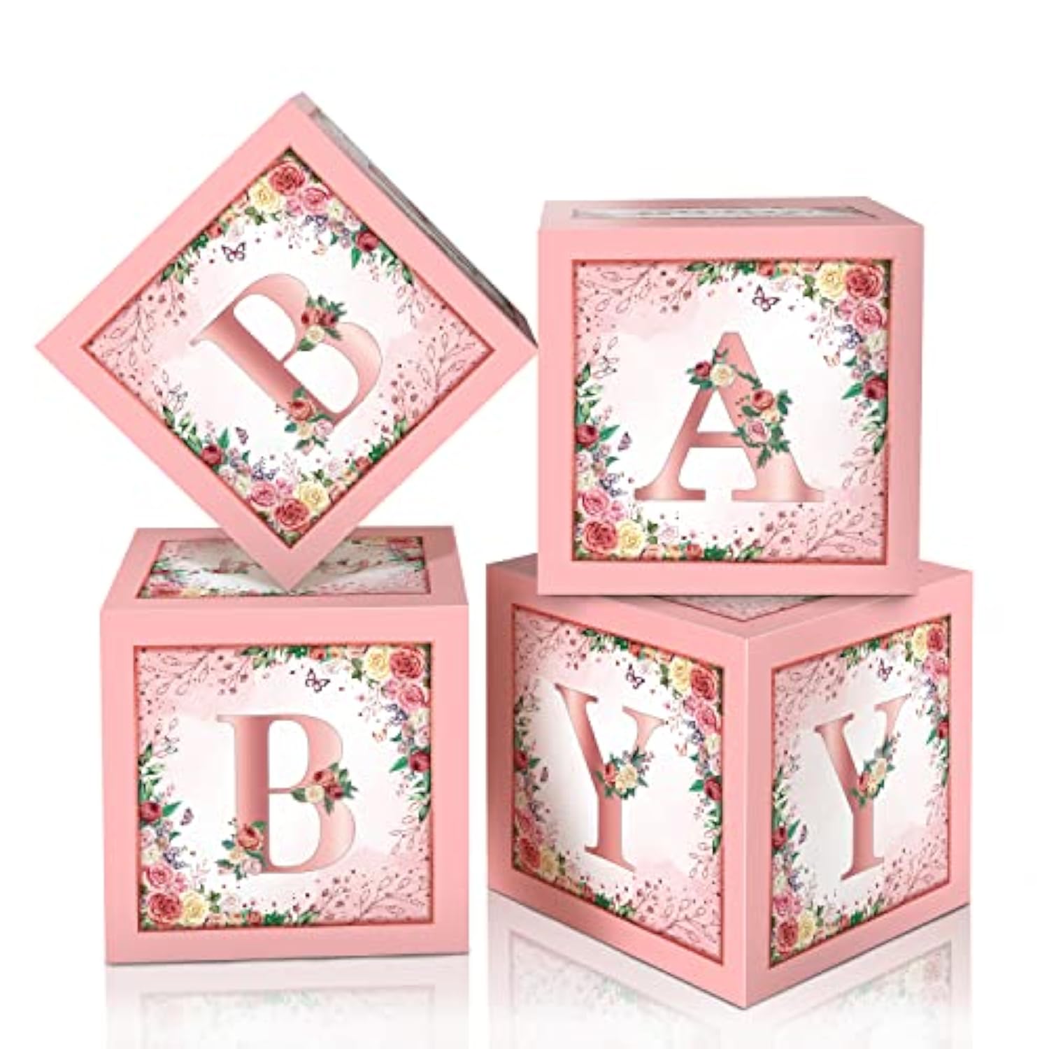 Floral Baby Shower Box Pink Balloon Blocks/Rose Gold Centerpiece for Girl Party