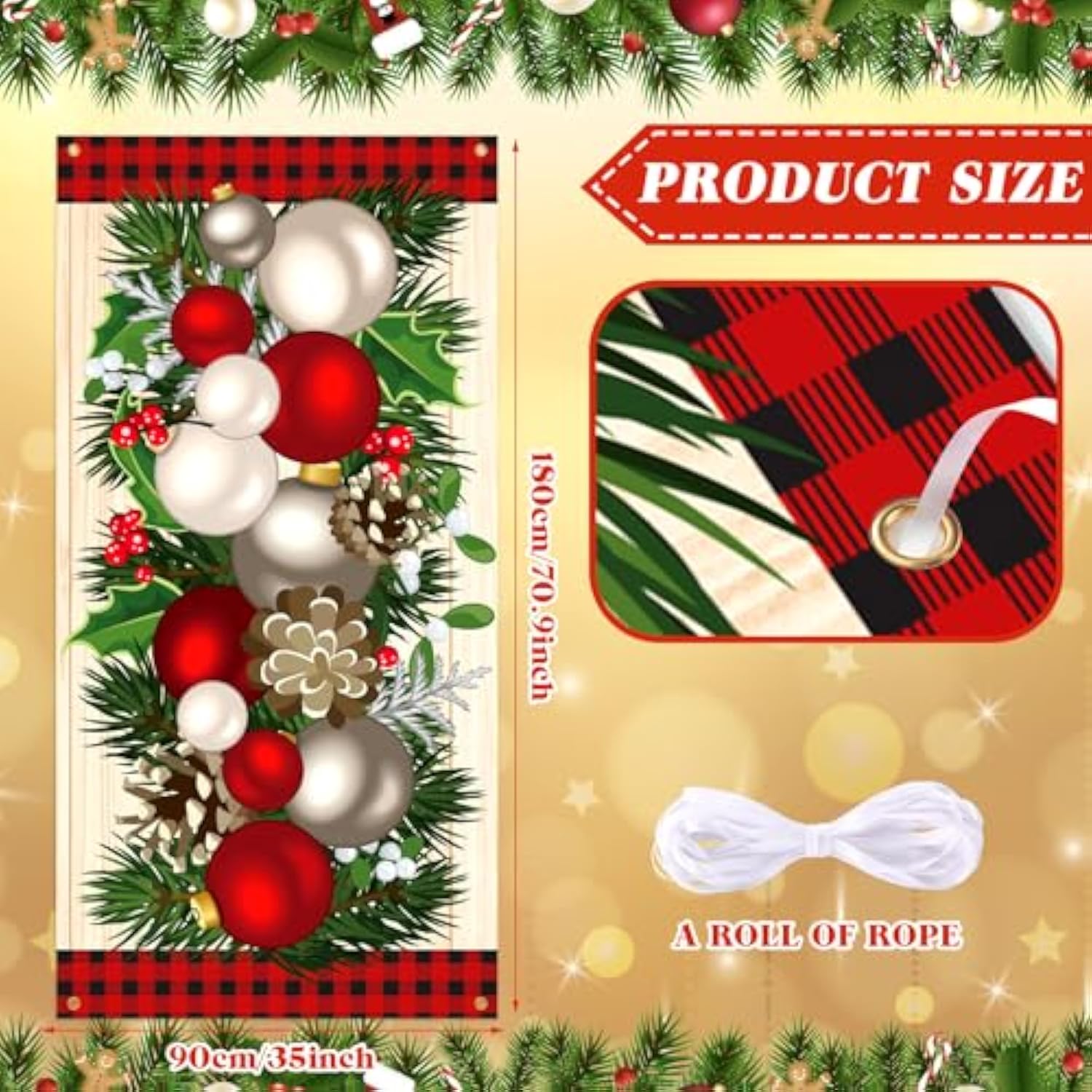 Christmas Door Cover Christmas Ball Door Decorations Xmas Photography Background Banner Porch Sign For Front Outdoor Winter Holiday Farmhouse Party Supplies 70.9 X 35.4''