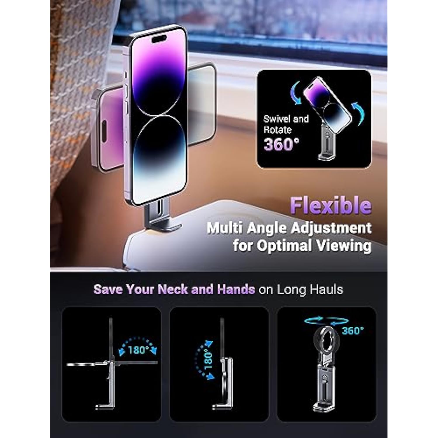 Magnetic Airplane Phone Holder For Magsafe, 16, 15, 14, 13, 12 & All Phones, Handsfree Phone Mount For Seat Tray Table, Pocket Size Travel Essentials Must Have Accessories For Flying