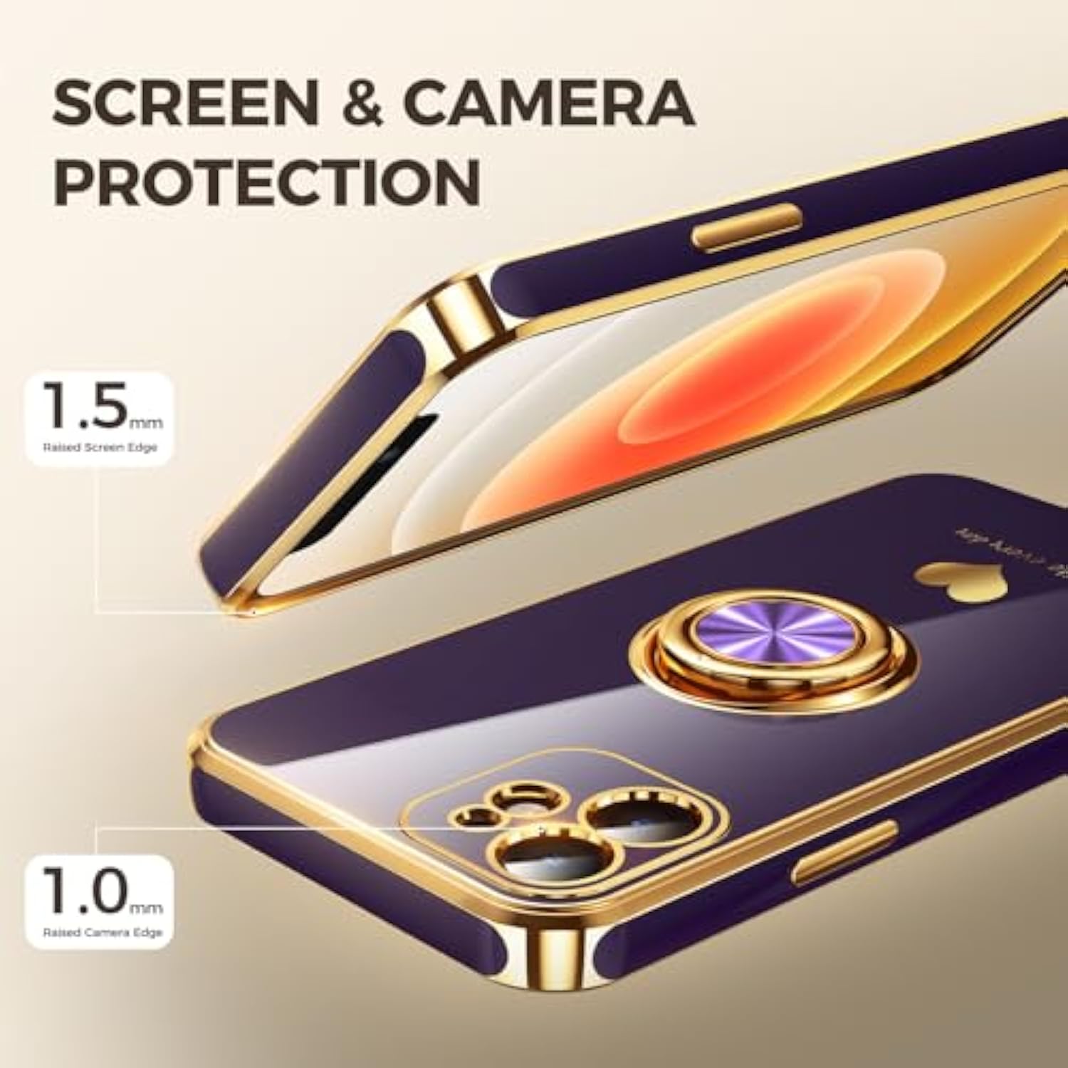 iPhone 12 Case with 2 Screen Protectors 360° Ring Holder Purple