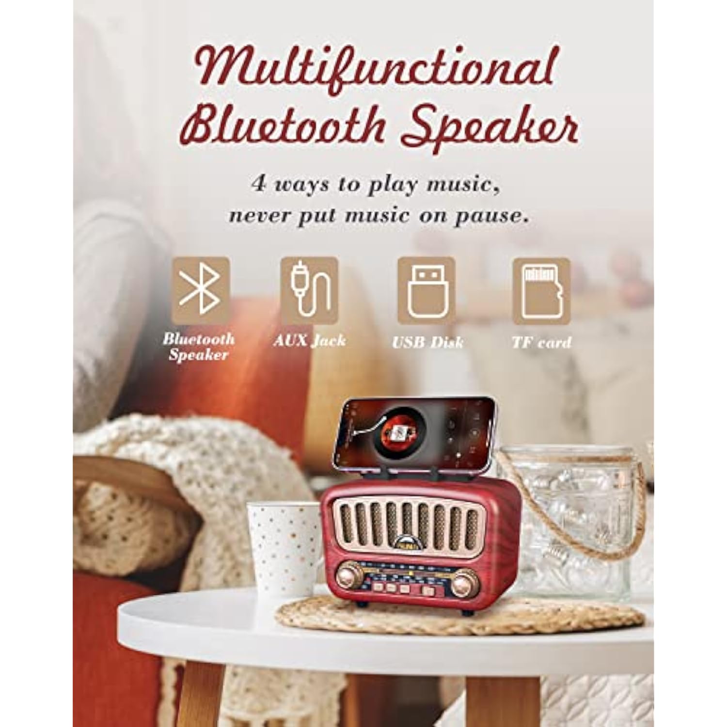 J-180 Vintage Retro Radio Bluetooth Speaker With Stereo Sound, Am Fm Radio Portable With Loud Volume, Bt5.0, Tf Card & Mp3 Player, Rechargeable Speaker