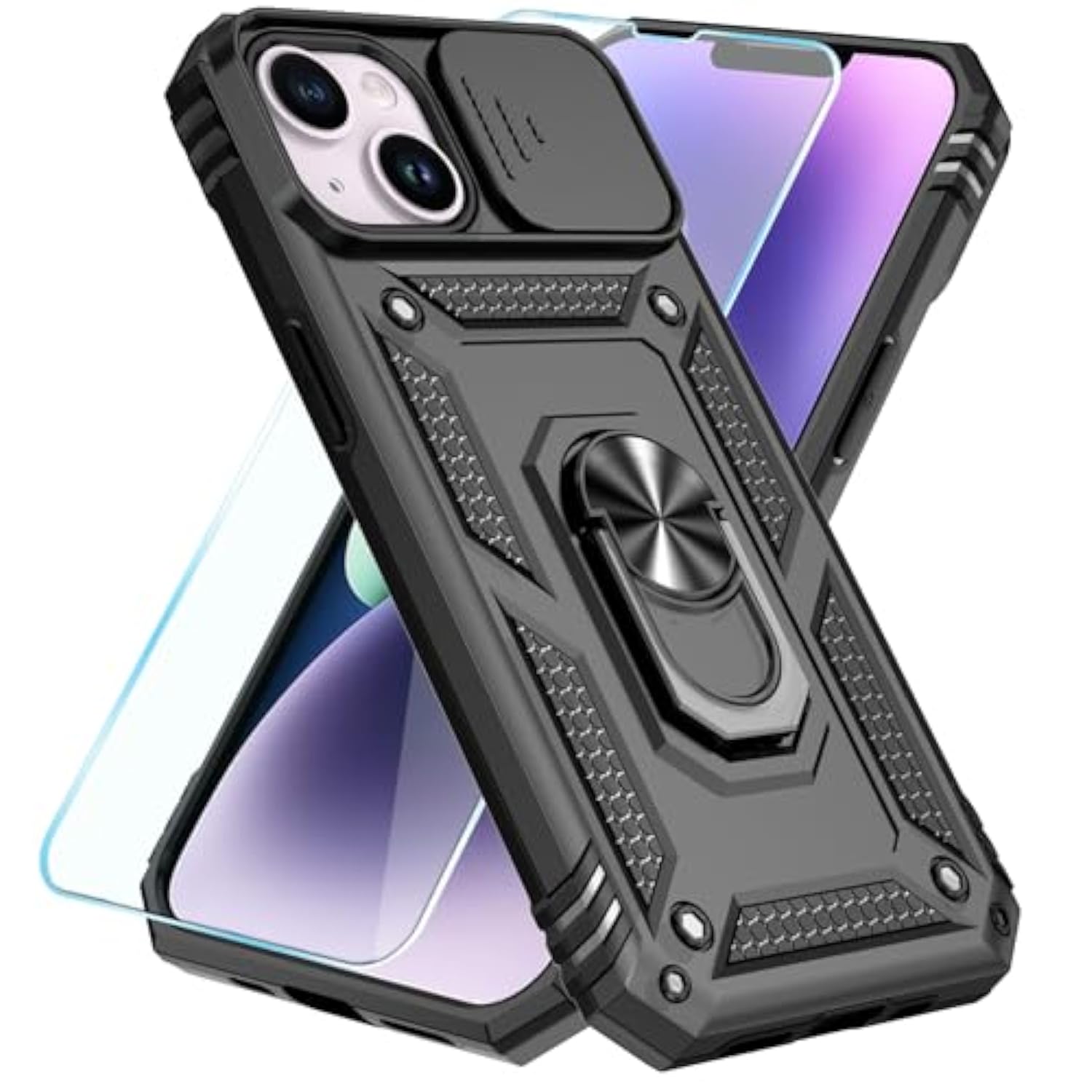 Compatible With Iphone 14 Plus Case With Hd Screen Protector & Slide Camera Cover & Rotated Ring Kickstand, [Military-Grade] Phone Case For Iphone 14 Plus (Black)