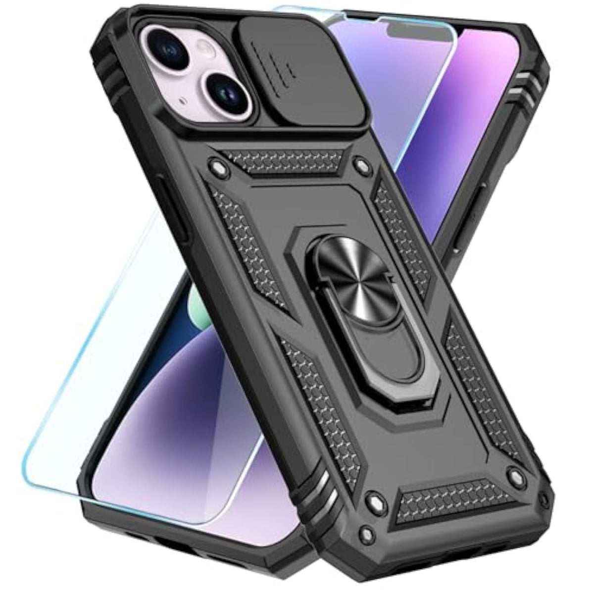 Compatible With Iphone 14 Plus Case With Hd Screen Protector & Slide Camera Cover & Rotated Ring Kickstand, [Military-Grade] Phone Case For Iphone 14 Plus (Black)