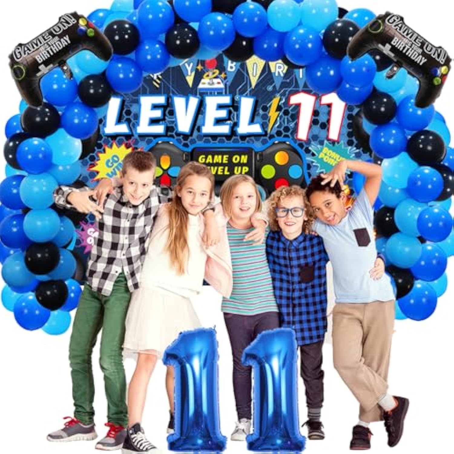 90Pcs Video Game Party Decorations For Boys Set Blue - 11Th Birthday Supplies - Video Game Backdrop, Balloons, Tablecloth, Gamer And Foil Balloons