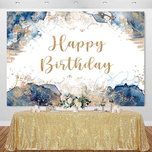 Blue and Gold Happy Birthday Backdrop Abstract Watercolor Navy Golden Ink Texture Women Men Bday Photography Background Party Decorations Cake Table Banner Photo Booth Props 7x5ft